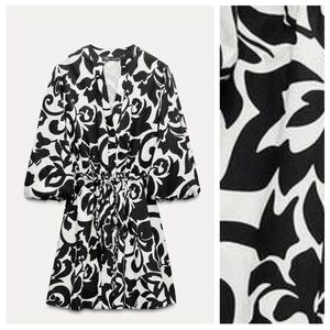 $89 NWT Zara Black/White Printed Poplin Short Dress L